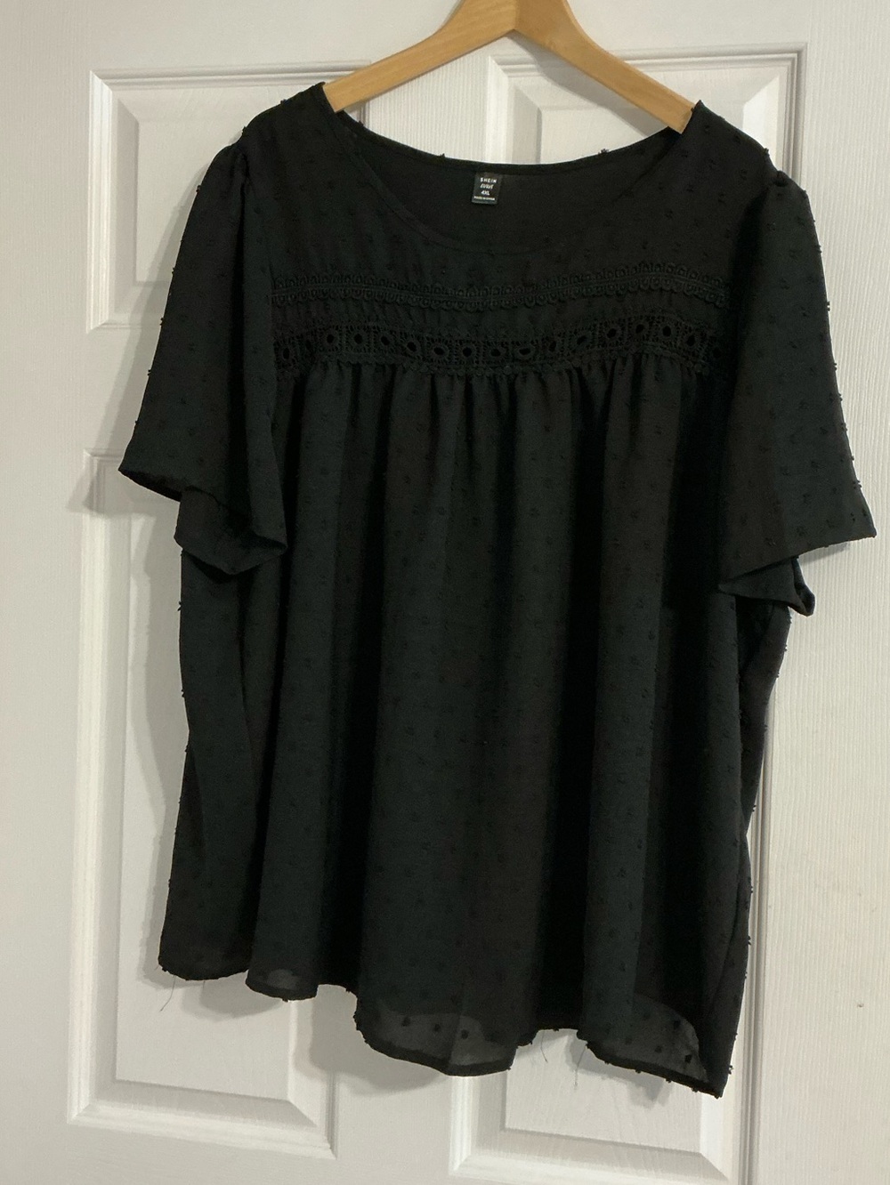 SHEIN Curve Plus Sized Black Swiss Dot Lace Yoke Flutter Sleeve Top
